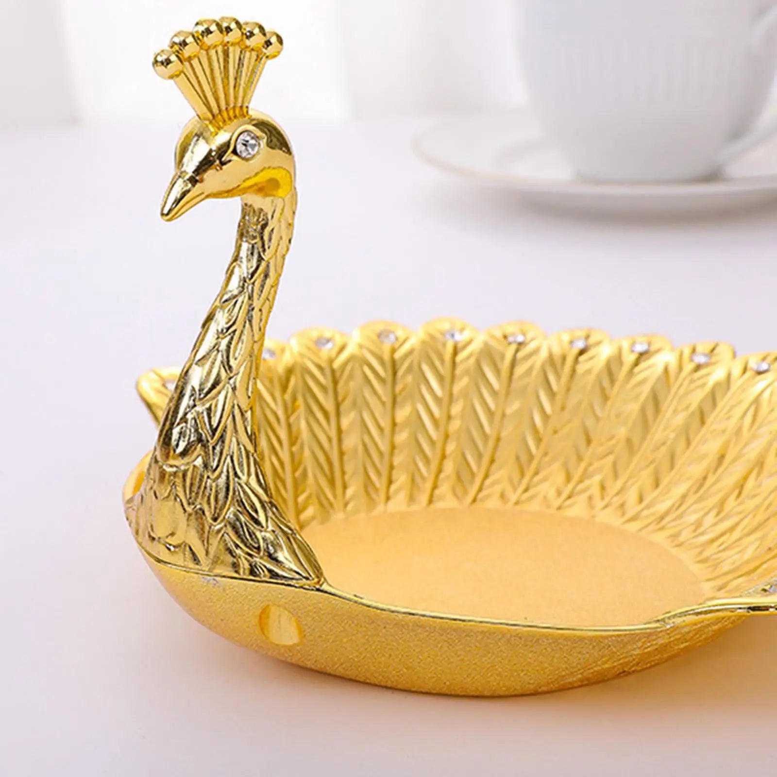 Pretty Gold Peacock Fruit Plate Luxury Zinc Alloy Tray Delicate Storage Plate for Candy Trinket Jewelry Snack Serving Home Decor