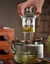 Large Capacity 1200ml Vertical Stripe Pattern Glass Tea Pot Kungfu Tea Set Wooden Beam Tea Kettle Brewing Puer Teapot Teaware