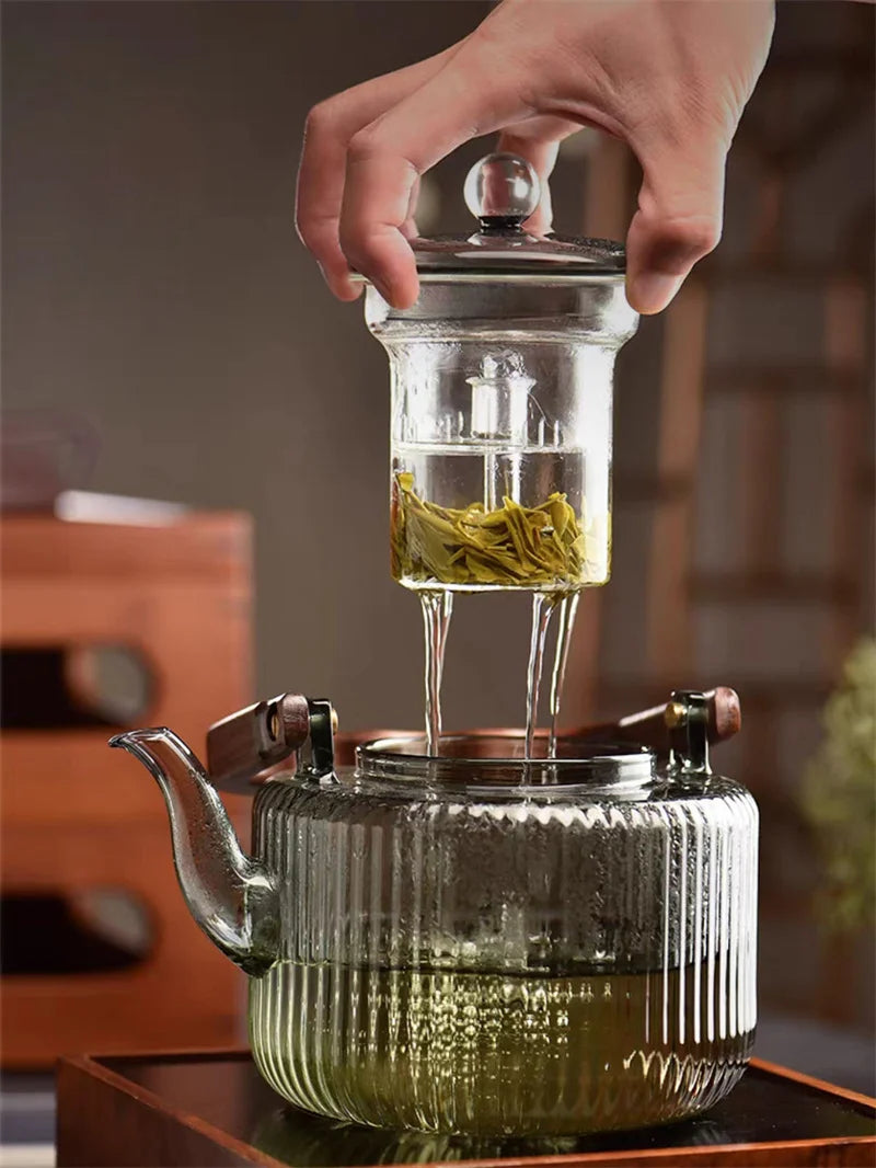 Large Capacity 1200ml Vertical Stripe Pattern Glass Tea Pot Kungfu Tea Set Wooden Beam Tea Kettle Brewing Puer Teapot Teaware