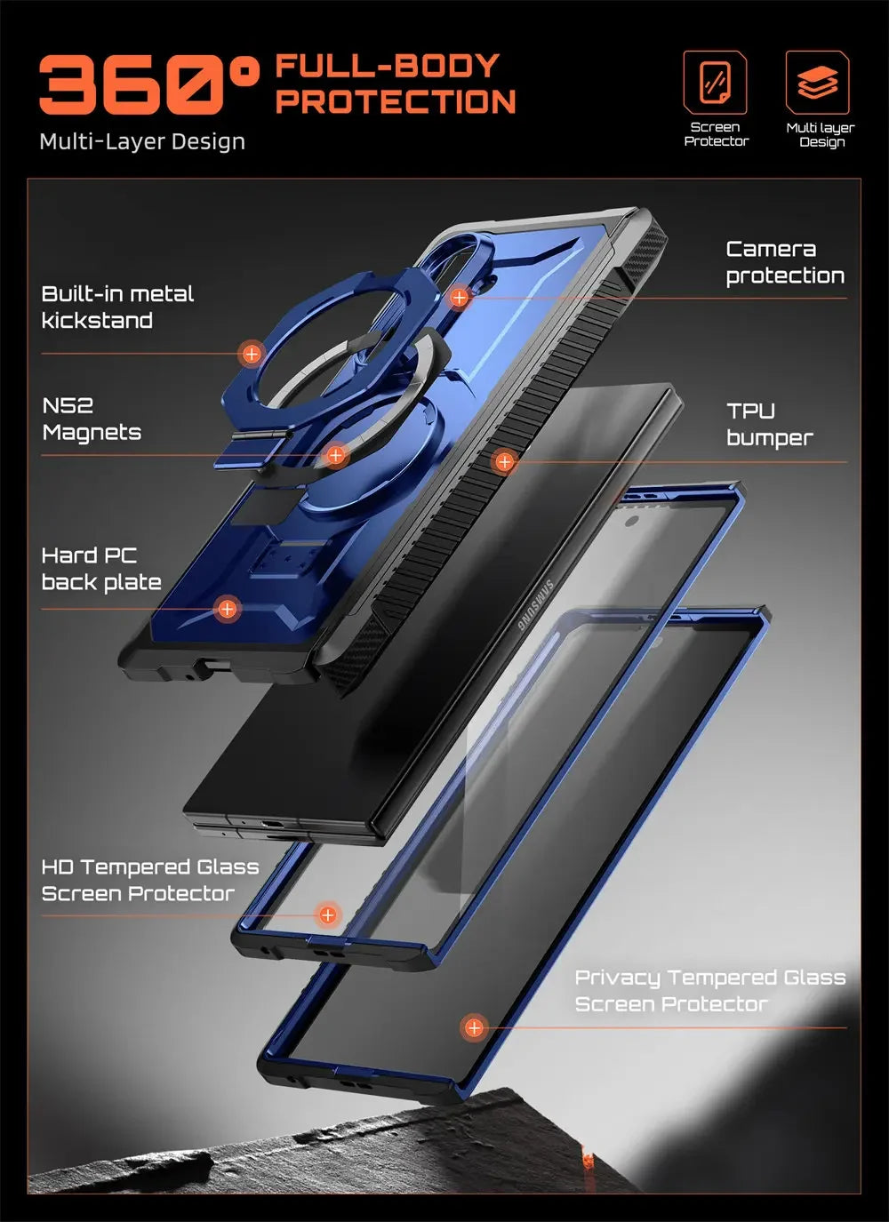 Full Body Rugged Phone Case with Magnetic Ring Kickstand and HD Clear and Privacy Screen Protectors for Samsung Galaxy Z Fold 8 Ultra