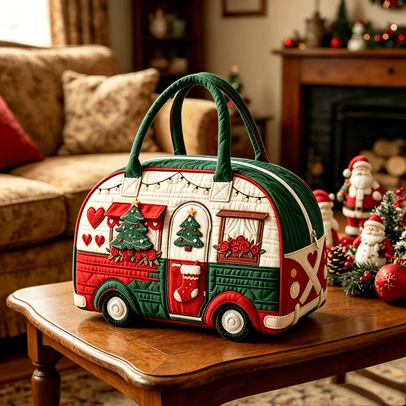 Bus Print Quilted Travel Duffle Bag Large Capacity Zipper Tote