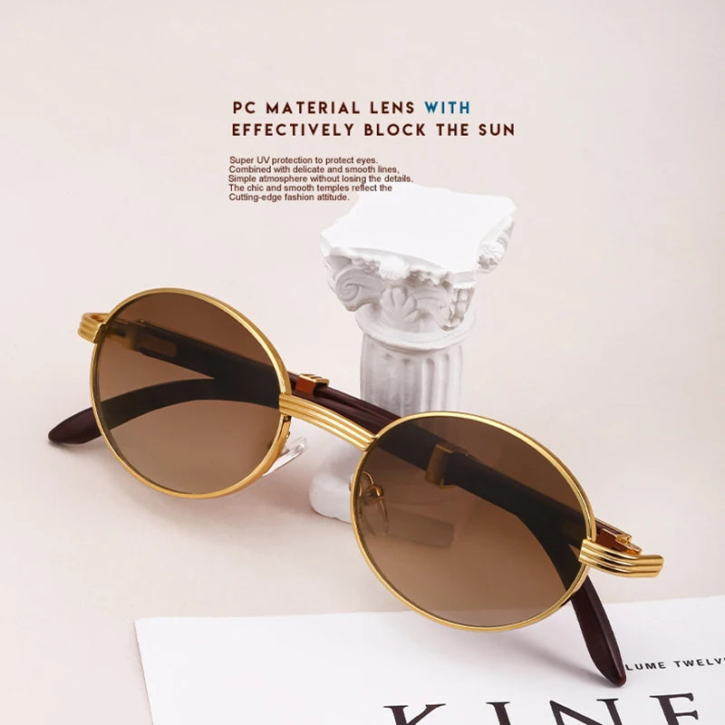Oval Wooden Frame Sunglasses With UV400 Protection