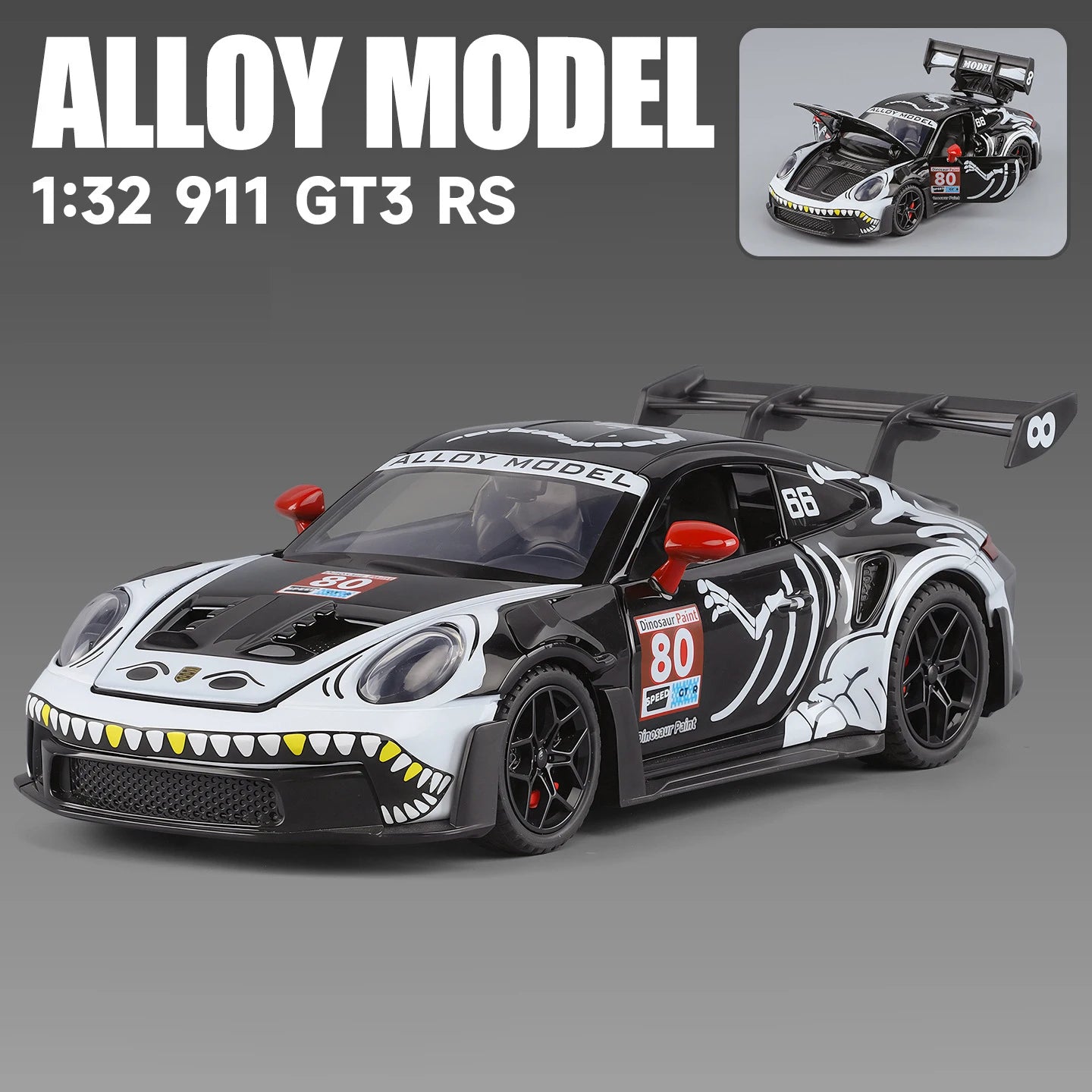 1 32 Scale 911 GT3 RS Dinosaur Modified Diecast Pull Back Model Car with Sound and Light