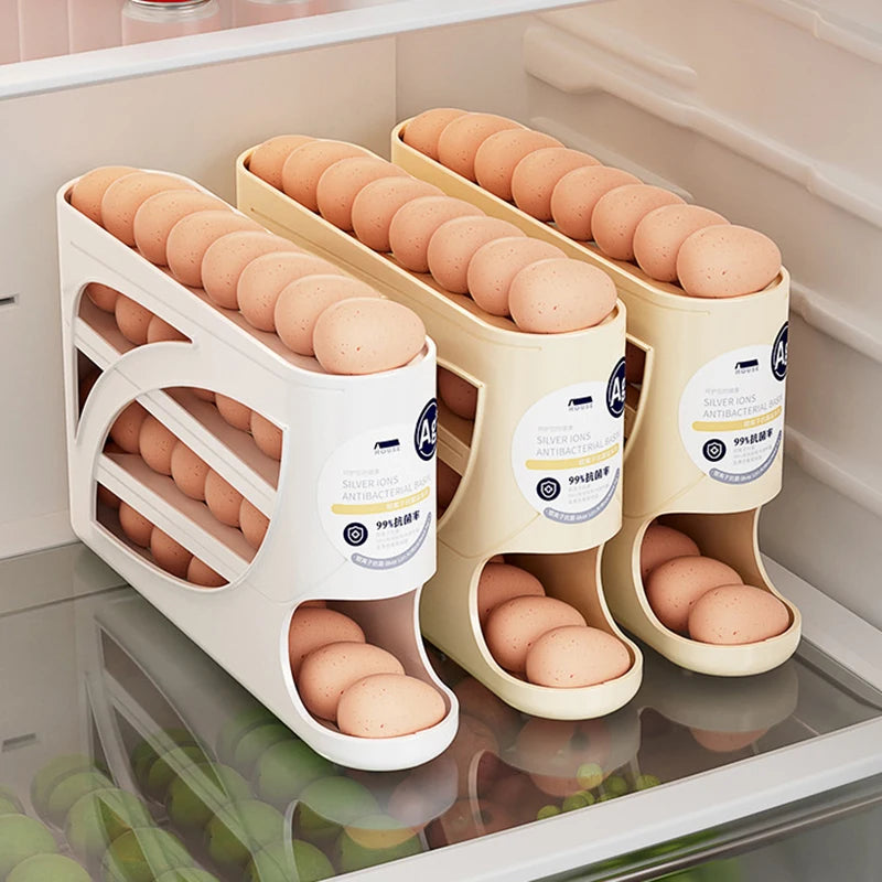 4-Layer Automatic Rolling Egg Holder Rack – Refrigerator Egg Storage Box Kitchen Organizer