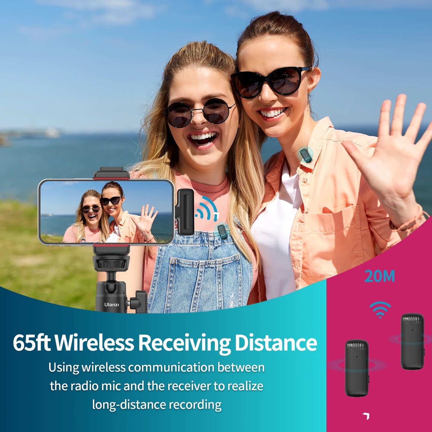 Wireless Lavalier Microphone Dual Mic Plug & Play for iPhone Android Live Recording