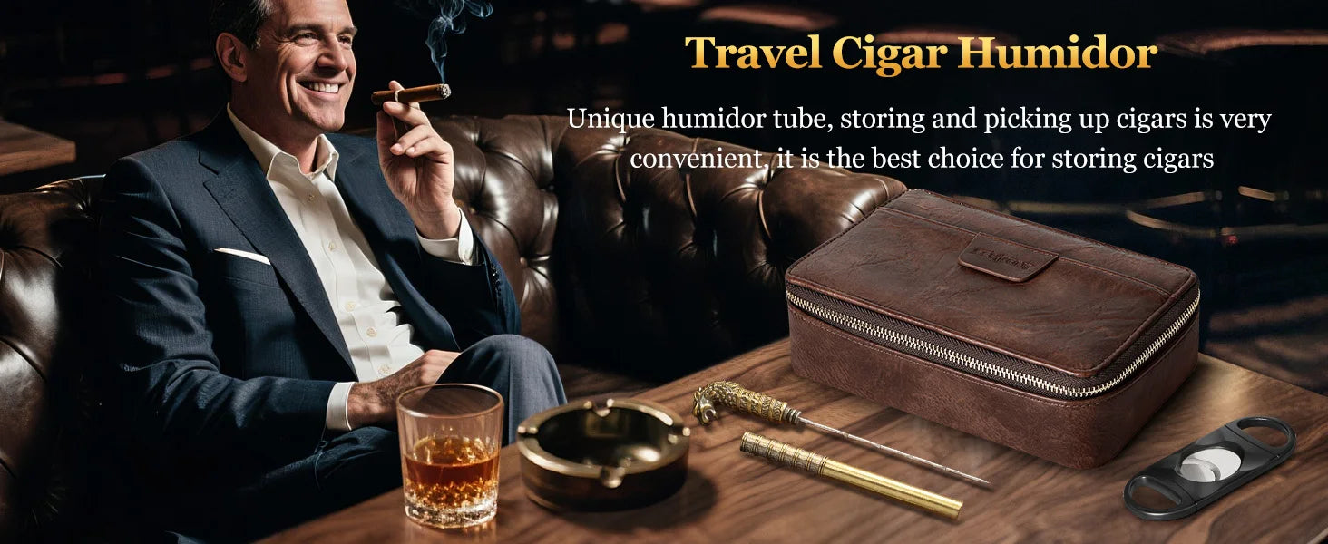 Cigar Humidor, Leather Travel Cigar Case, Include 4 Cigar Tubes & Humidifier, Cigar Draw Enhancer and Multifunction Cigar Cutter