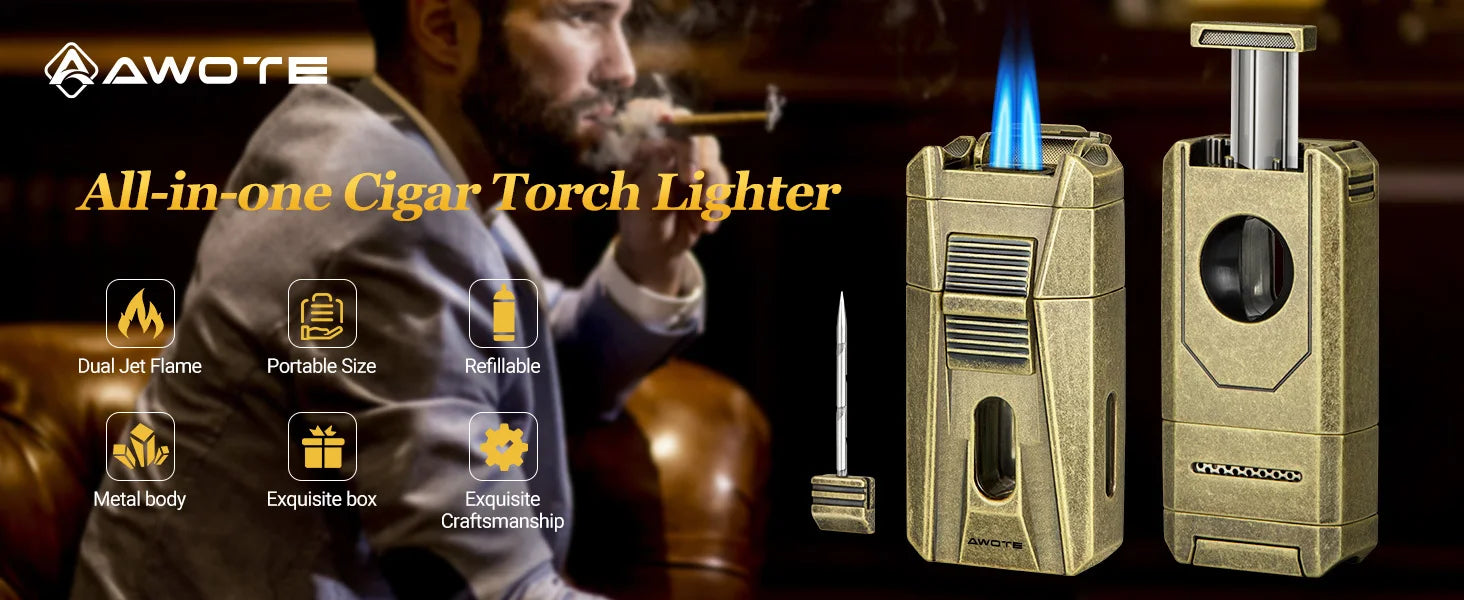 Cigar Lighter with Double Jet Flame, Refillable Cigar Torch Lighter with Cigar Holder, V-Cigar Cutter, Cigar Draw Enhancer