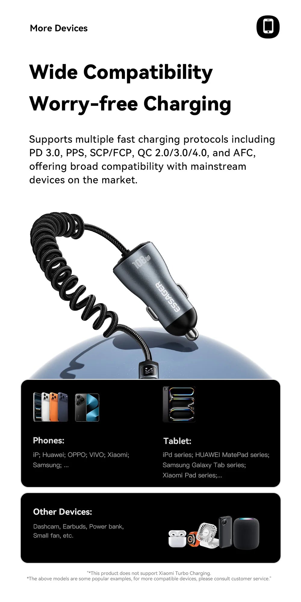 108W Car Charger PD Fast Charging 2 USB C + USB A with Digital Display Spring Cable