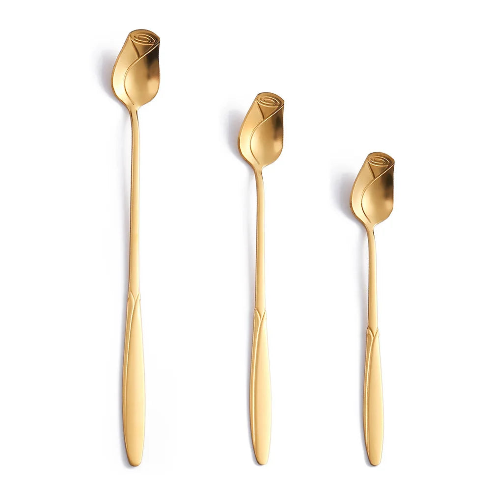Stainless Steel Rose Coffee Spoon, Long Handle Mixing Spoon, Flower Design, Perfect for Tea, Dessert, Honey, Kitchen Accessories