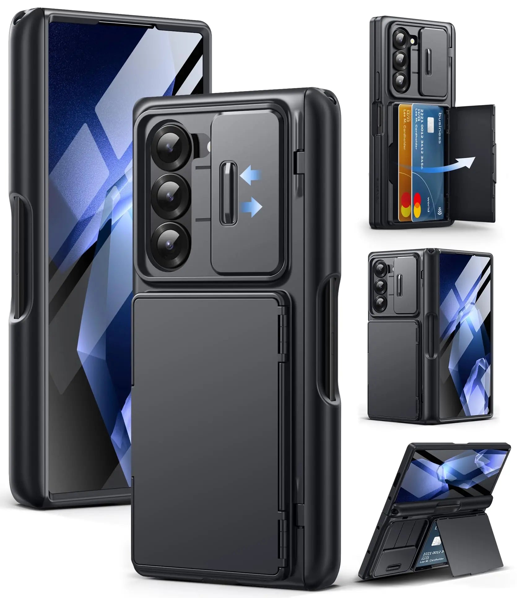 For Z Fold 6 Case with Secure Card Holder Sliding Camera Cover Rugged Hinge Protection Wallet Phone Case Glass Screen Protector