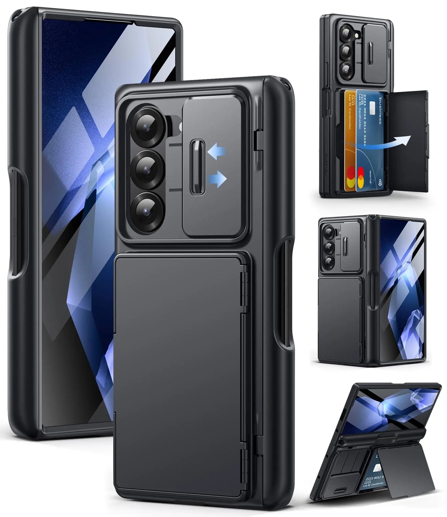 For Z Fold 6 Case with Secure Card Holder Sliding Camera Cover Rugged Hinge Protection Wallet Phone Case Glass Screen Protector