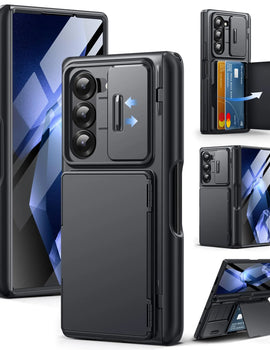 For Z Fold 6 Case with Secure Card Holder Sliding Camera Cover Rugged Hinge Protection Wallet Phone Case Glass Screen Protector