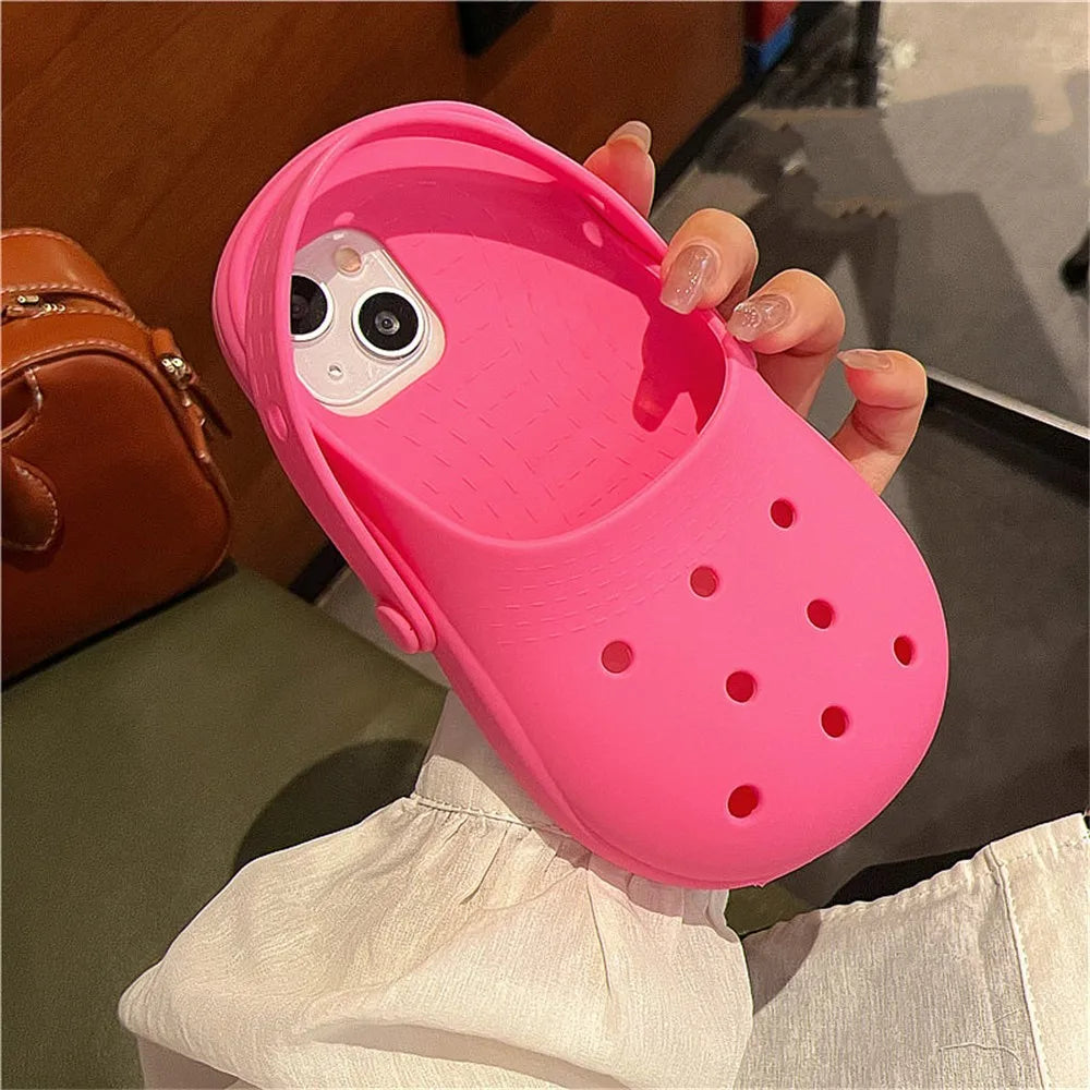 INS Cute Funny Hole Slippers Phone Case For iPhone 15 13 14 Pro Max Creative Summer Camera Protection Soft Silicon Cover