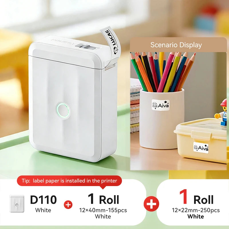 D110 Mini Portable Thermal Label Printer, Bluetooth Smart Label Maker with Adhesive Tape, Inkless 203 DPI for Home, Office & School