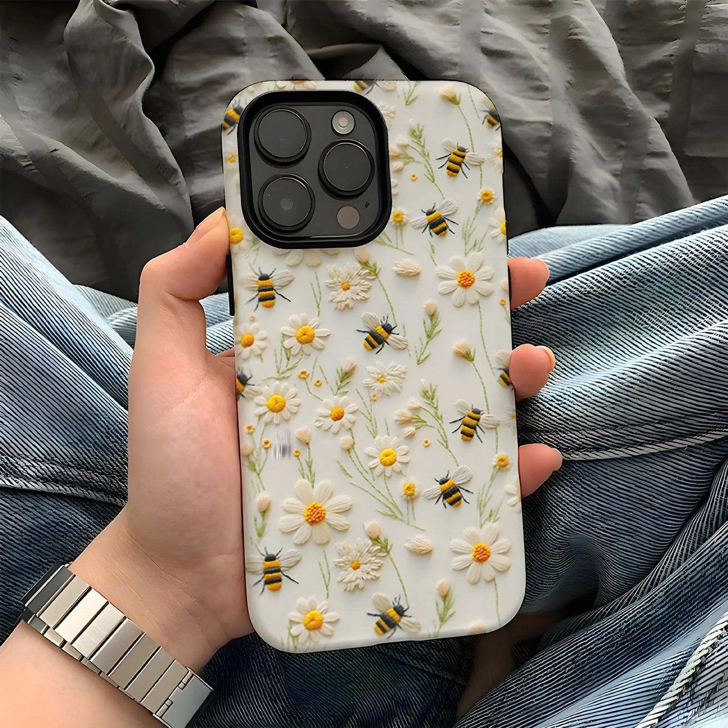 Luxury Embroidery Effect Bee Daisy Flower Phone Case for iPhone 16 15 Pro Max Plus 2 in 1 Hard Protective Cover