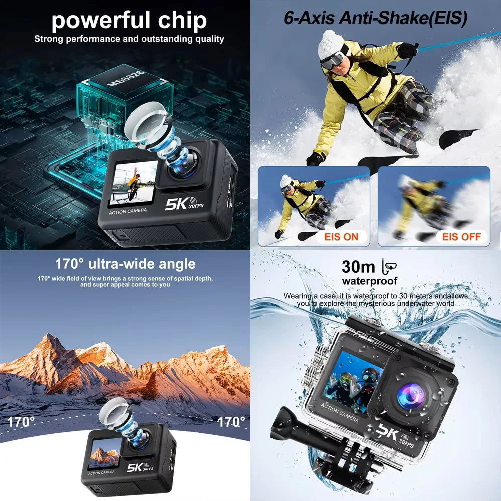 5K Ultra HD Action Camera with Dual Touch Screen WiFi EIS and 30M Waterproof Case