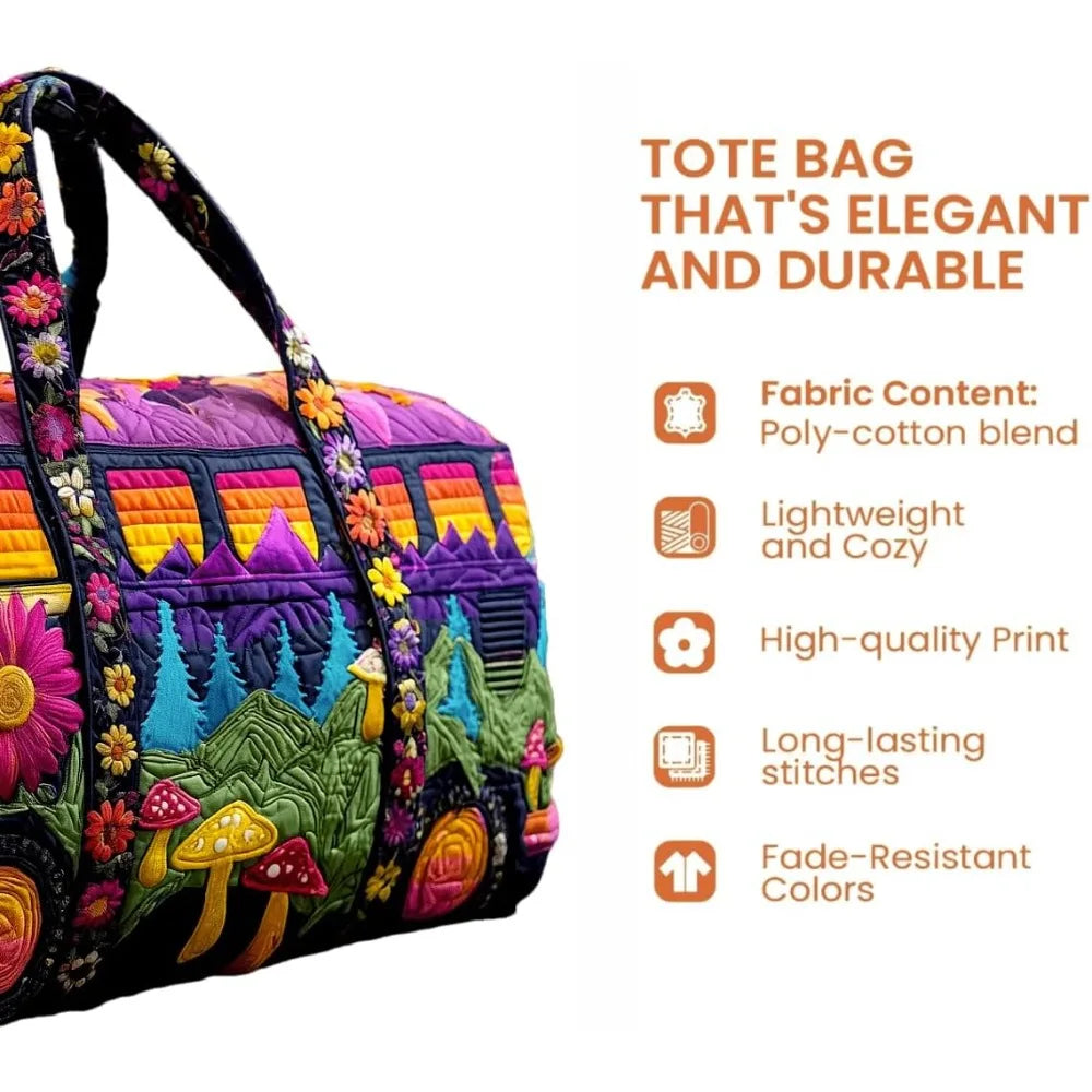 Hippie Van Quilted Travel Duffle Bag Boho Floral Weekender Gym Tote
