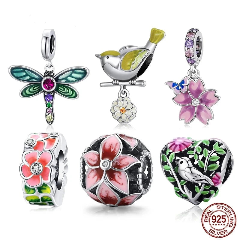 Fashion Spring Series Charms Beads Real 925 Sterling Silver Flower Bird Pendent