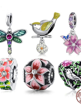 Fashion Spring Series Charms Beads Real 925 Sterling Silver Flower Bird Pendent