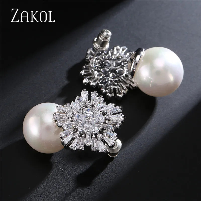 Korea Fashion Round Simulated Pearls Snowflake Drop Earrings