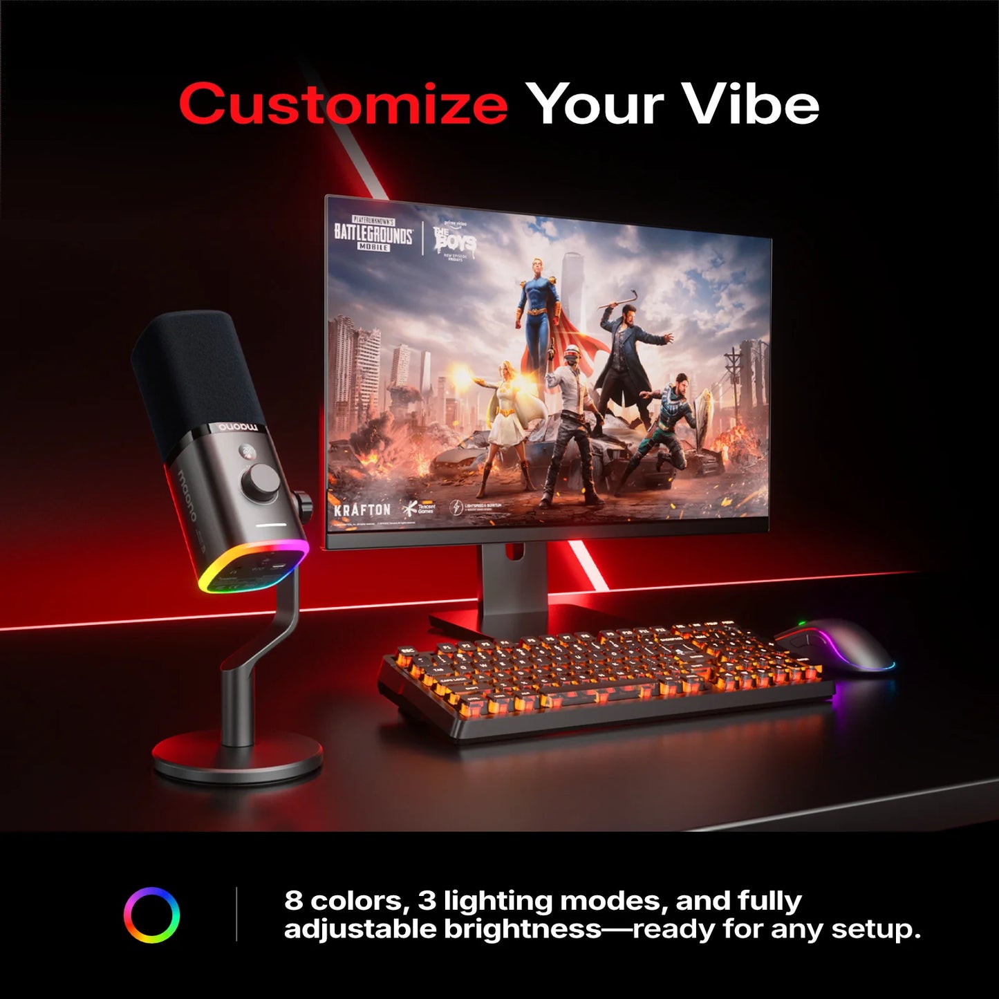 Wireless Dynamic Gaming Microphone with RGB Lighting and Noise Reduction