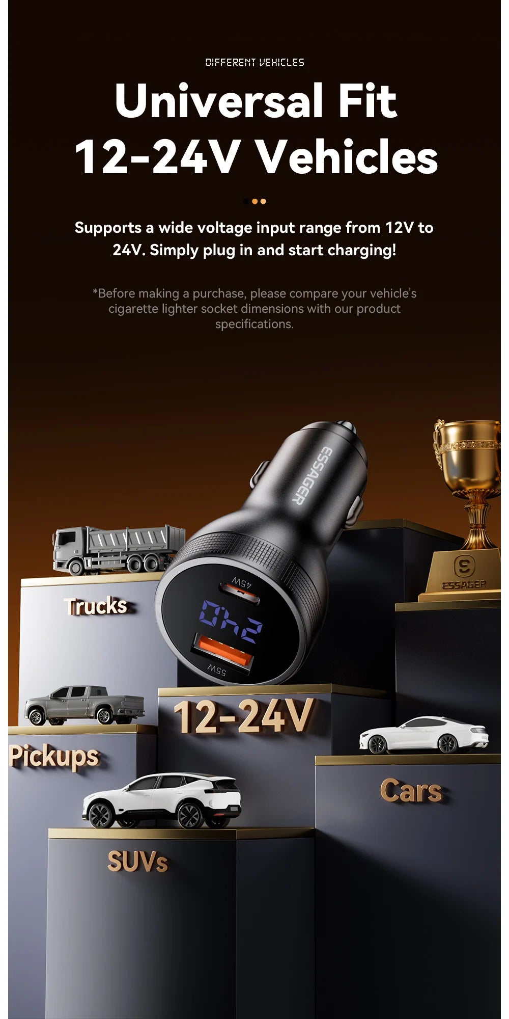 100W USB C Car Charger PD 3.0 QC 4.0 Fast Charging Dual Port Type C + USB Adapter