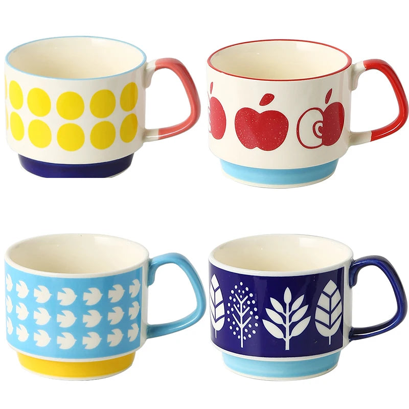 Japanese Flower Coffee Mug Set Retro Ceramic Milk Oats Mug Office Water Handgrip Cup Kitchen Party Drinkware Set 300ml