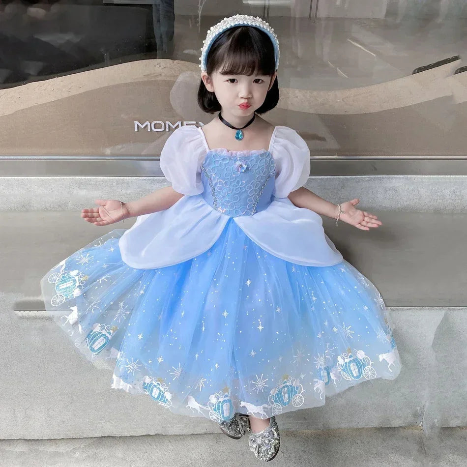 Cinderella Princess Cosplay Dress for Girl Kids Ball Gown Sequin Carnival TUTU Puff Mesh Clothing for Birthday Gift Summer Dress