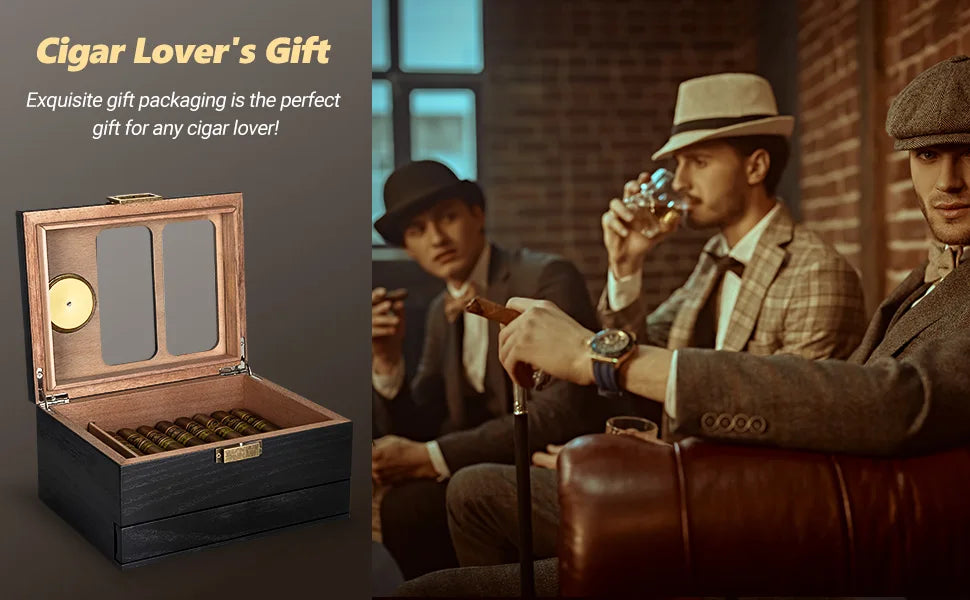 Cigar Humidor, Glass Top Cedar Wood Humidor Box, Cigar Case for 20-35 Cigars with Hygrometer, Cigar V-Cutter, Desktop Humidor