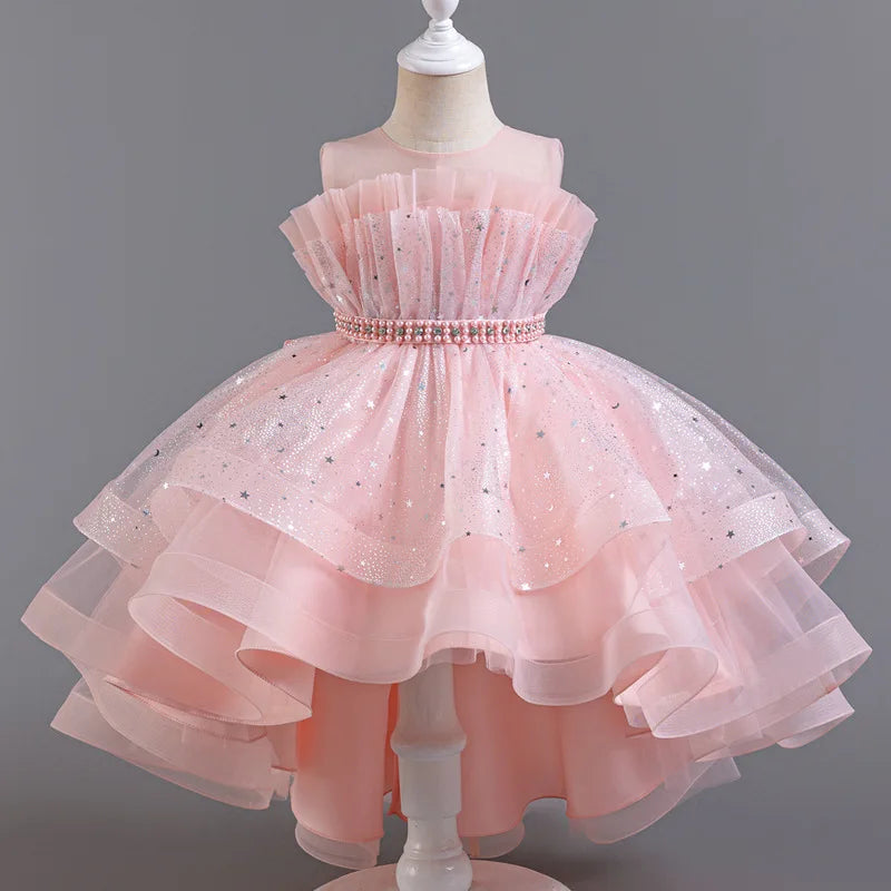 Elegant Girls' Performance Gown - Sleeveless Tulle Dress with Train for Piano Recital & Walk Show