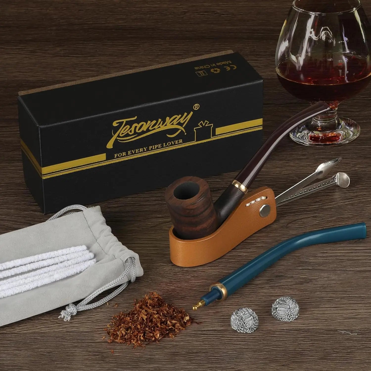 Handmade Smoking Pipe,Ebony Wood Pipe Kit with Replaceable Long Pipe Stem,4-in-1 Pipe Stand Holder,Smoking Pipe Gift Box