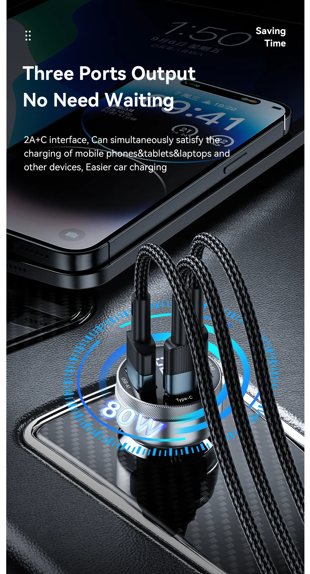 80W USB C Car Charger PD 3.0 QC 4.0 Fast Charging 3 Port Adapter with Digital Display