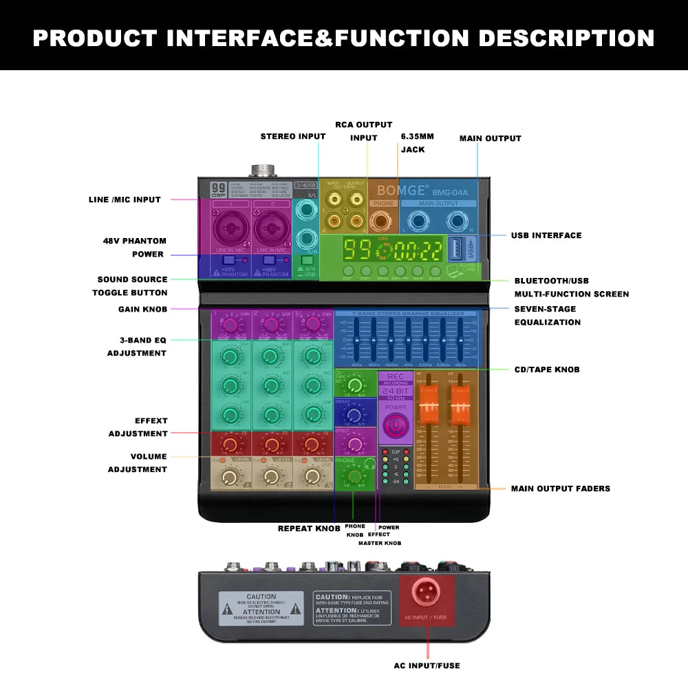 4 Channel Audio Mixing Console with 99 Band EQ USB Recording and Bluetooth