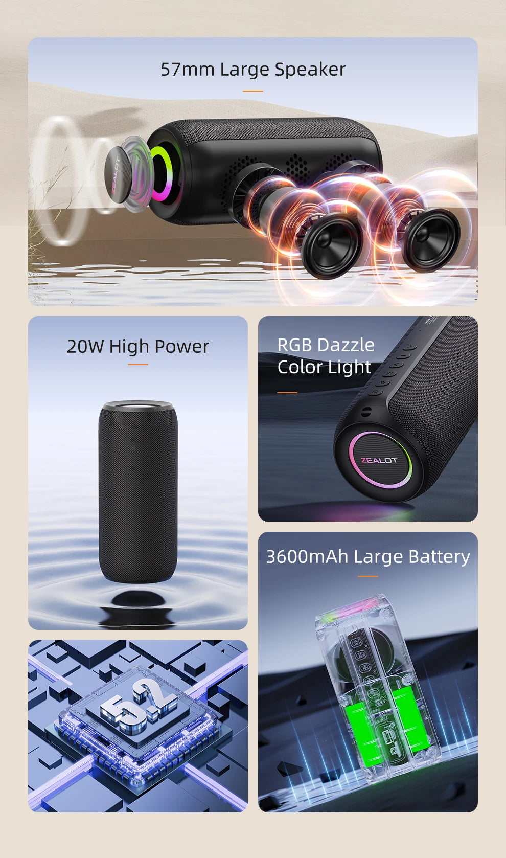 Portable Bluetooth Speaker, IPX5 Waterproof, Powerful Sound Box, Outdoor Stereo Bass, Music Track Speaker, 20W