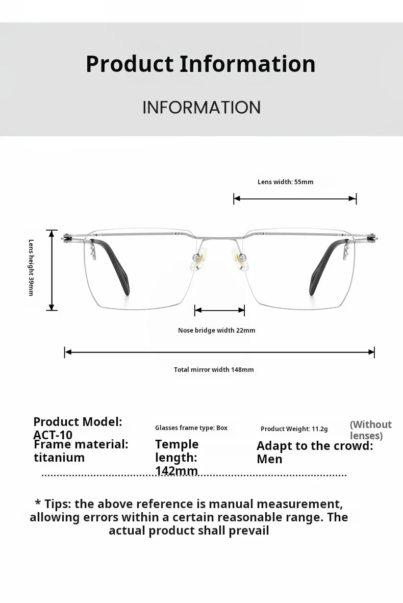 Mens Lightweight Titanium Rimless Square Eyeglasses Frames