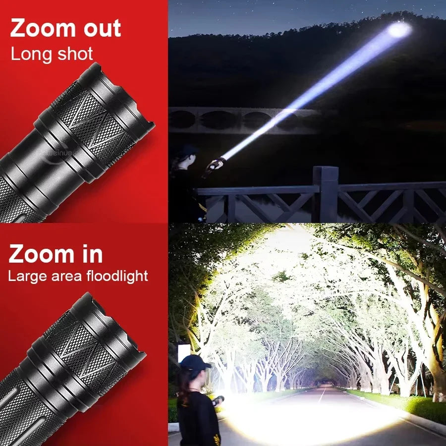 Ultra Bright LED Flashlight 12000mAh Rechargeable Zoomable Tactical Torch IPX6 Waterproof Power Bank