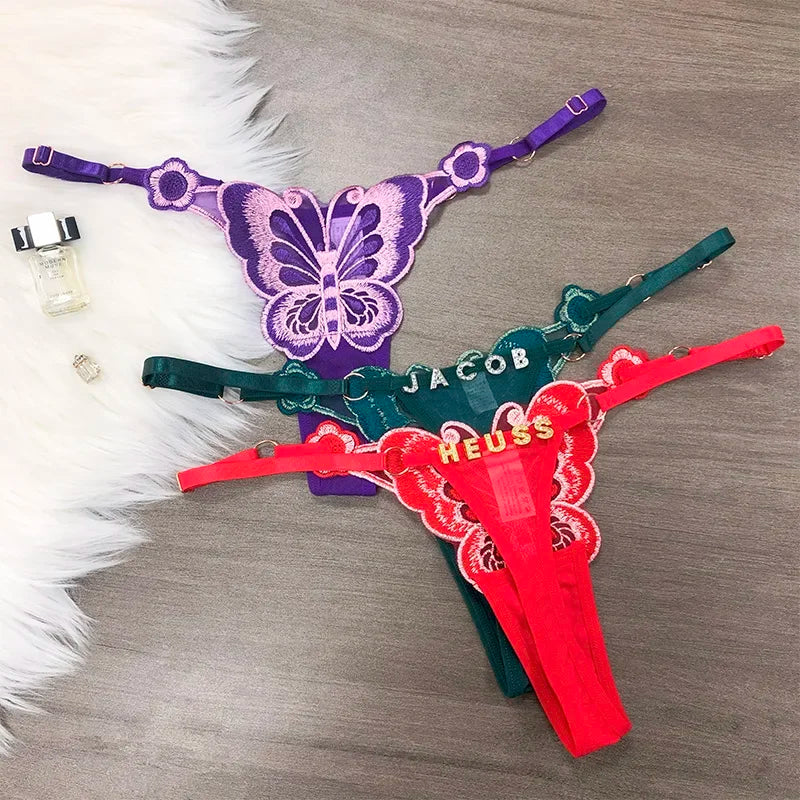 Customized Letters Butterfly Women G String Underwear Thongs Ladies Lace Briefs Transparent