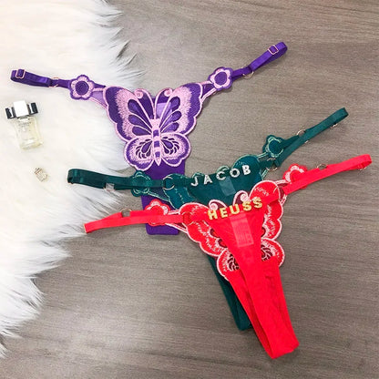 Customized Letters Butterfly Women G String Underwear Thongs Ladies Lace Briefs Transparent