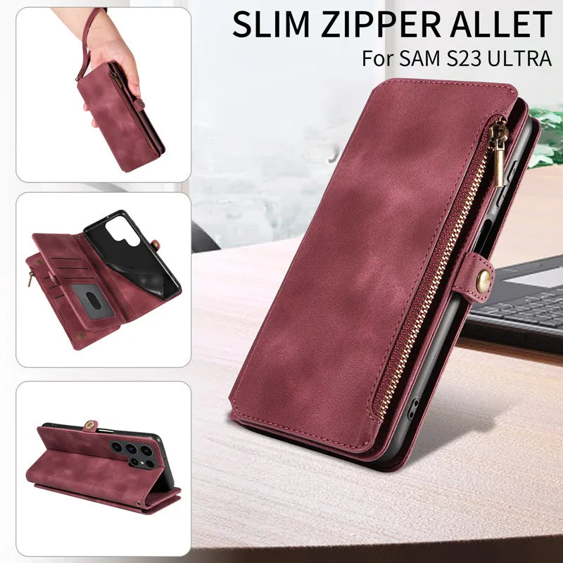 Luxury Leather Flip Wallet Case with Lanyard for Samsung Galaxy S26 / S25 / S24 / S23 Ultra & Plus – Magnetic Full Coverage Phone Bag Cover