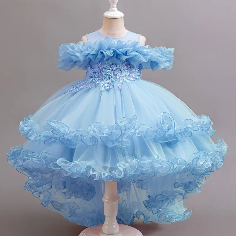 Luxury Off-Shoulder Girls' Dress - Convertible Tulle Ball Gown for Birthday Parties & On-Stage Events