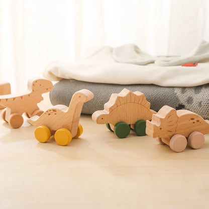 Baby Wooden Beech Car BPA Free  Cartoon Dinosaur Trolley Baby Toy Scene Building Block Hand-decorated Room Handmade Crafts Gifts