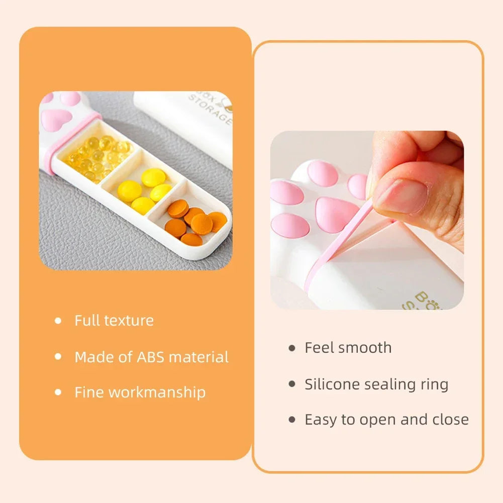 1PC Mini Cat Paw Storage Box Portable Small Size One Day Box Multi-Functional Three Grid Storage Medicine Jewelry Box