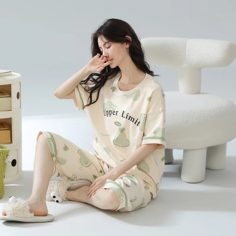 2-Pcs Women’s Summer Cotton Pajama Set – Breathable Short Sleeve Sleepwear with Cute Prints