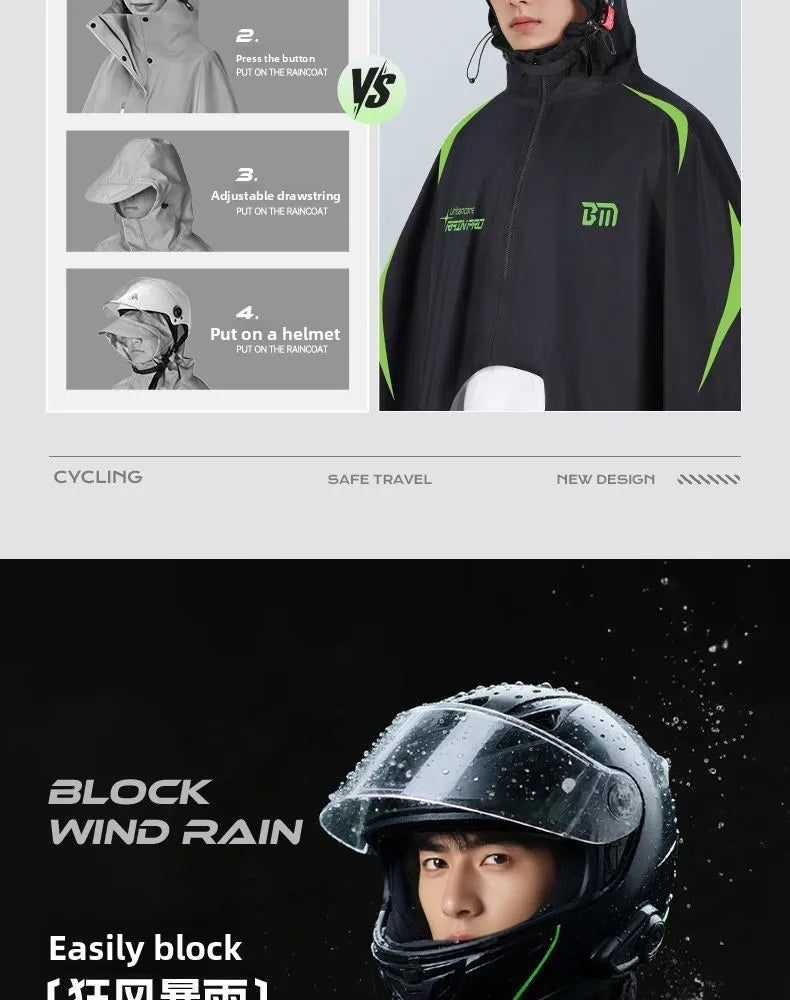 Full Body Waterproof Hooded Rain Poncho with Reflective Details for Motorcycle Riding