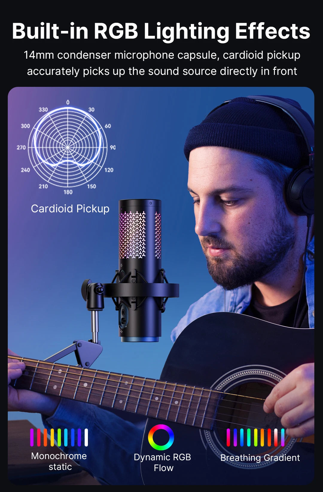 K5 USB Microphone for Gaming Live Streaming on PC Mac,Headphone Jack/Touch-Mute Button/RGB/AI Noise Reduction/Gain Control