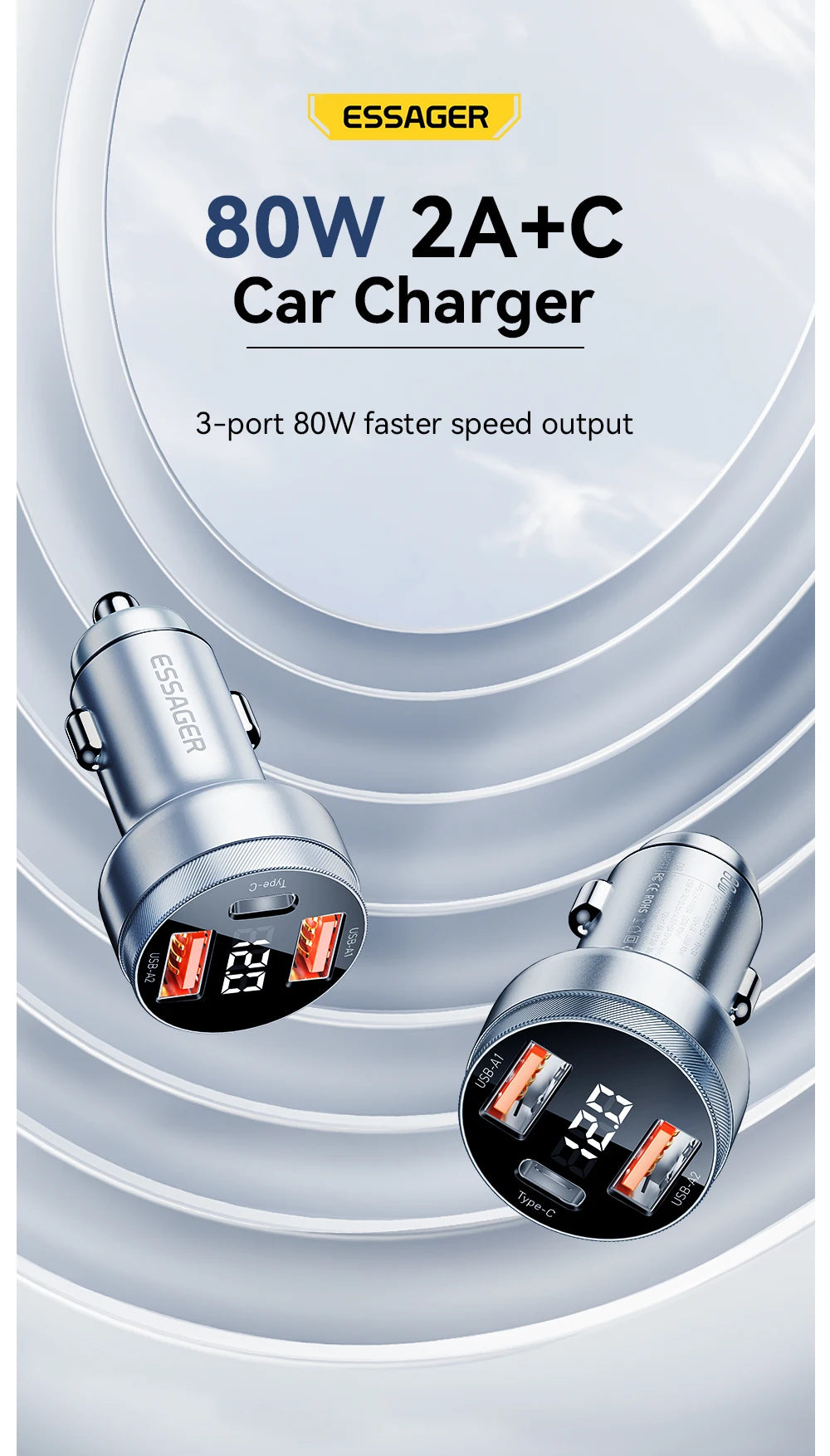 80W USB C Car Charger PD 3.0 QC 4.0 Fast Charging 3 Port Adapter with Digital Display
