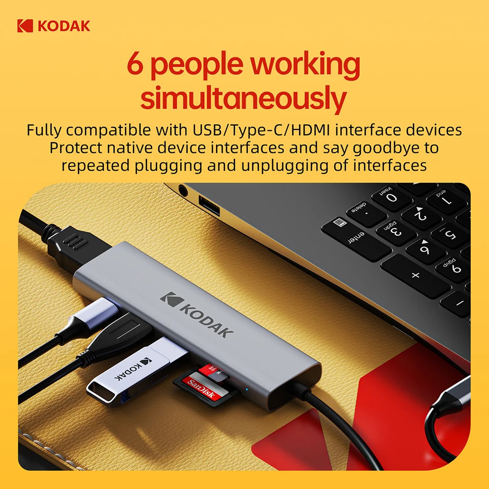 Kodak 6 In 1 USB C HUB 4K 30Hz to HDMI PD Multi Splitter Type-C Adapter for Macbook USB3.0 HUB SD Card Reader Multi Converter
