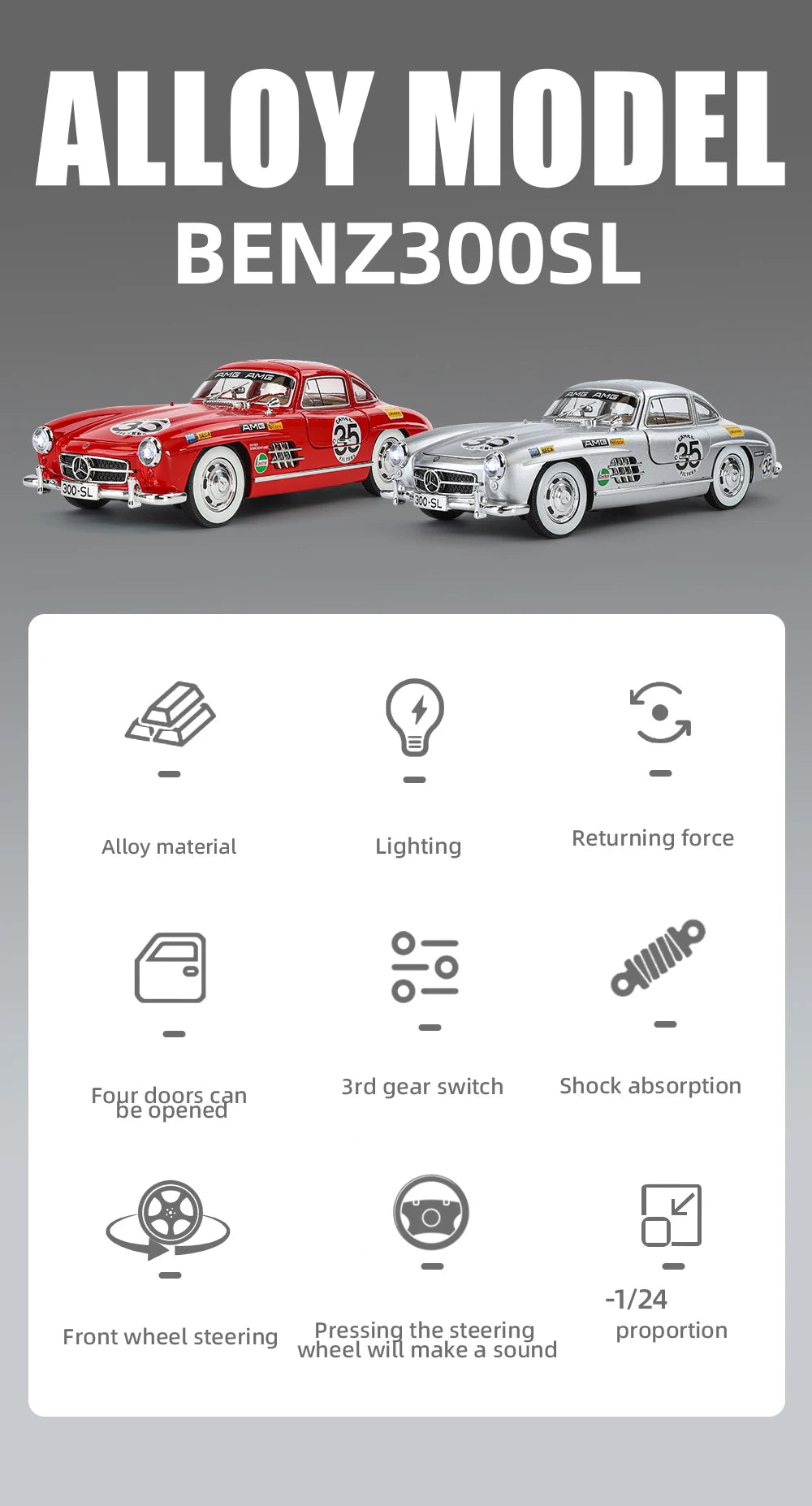 1:24 Mercedes-Benz 300SL Electroplated Version Alloy Diecast Classic Car Model Display Collection