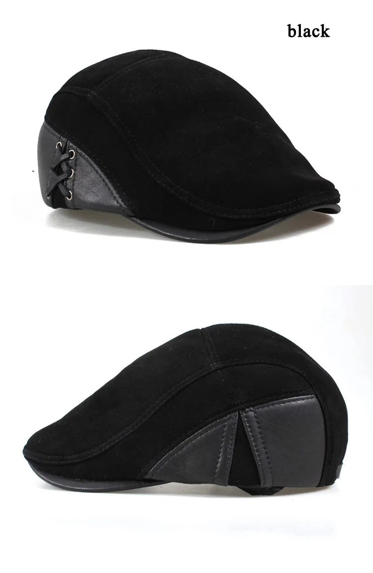 European Style Genuine Leather Caps Beret Man Casual Sheepskin Suede Fitted Duckbill Hats Male