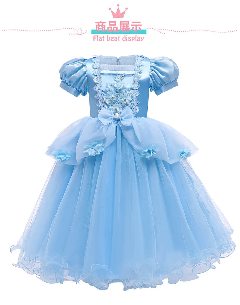 Summer Girls Flower Cosplay Costume Ball Gown Princess Kids Blue Clothes Dress Lace Mesh Birthday Party Clothes for Children
